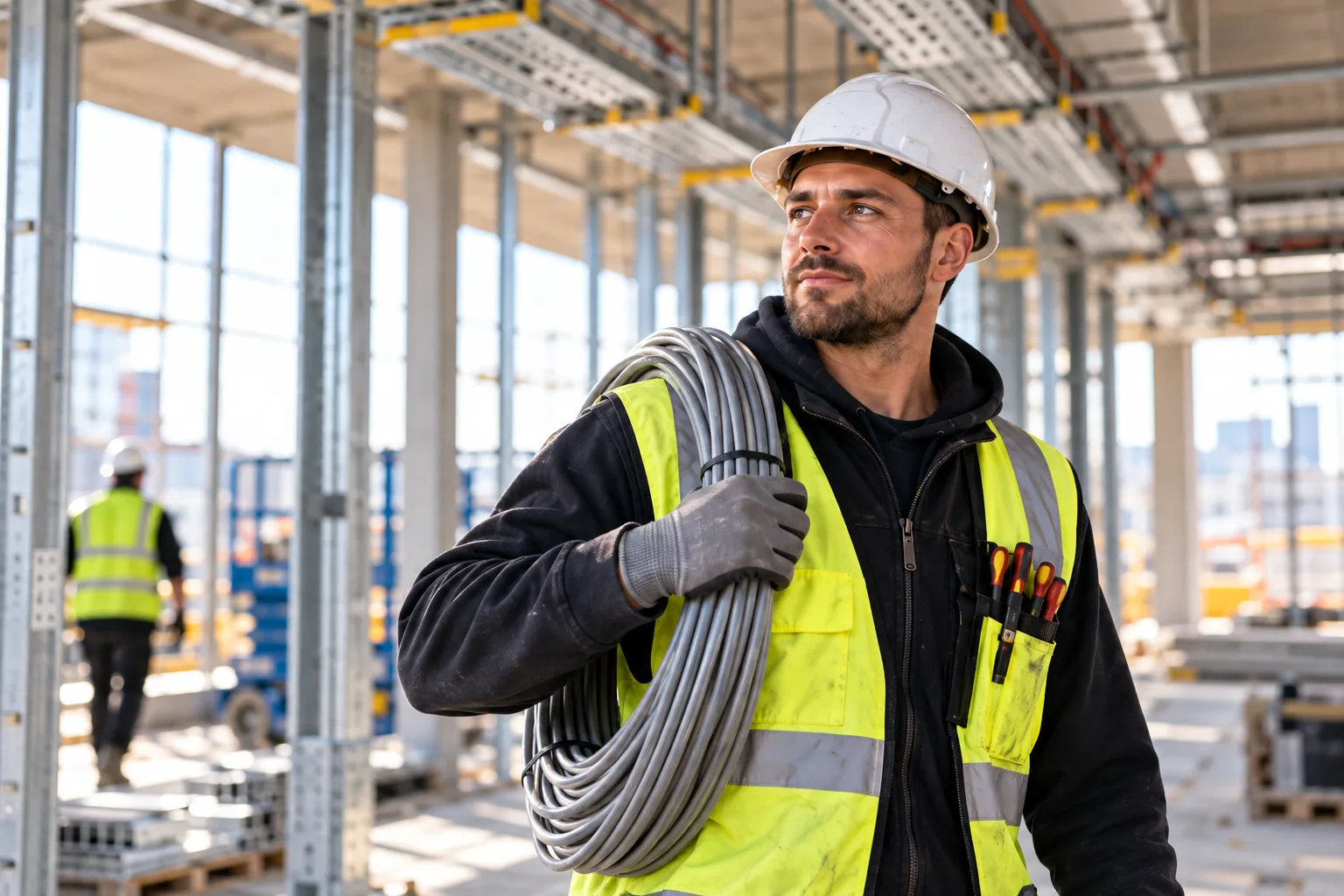 Electrician in a hard hat and hi-vis vest carrying cable on a construction site.