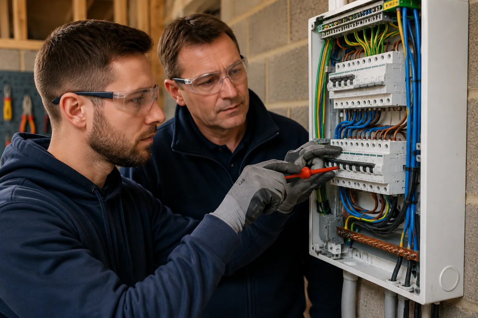 Adult career changer learning electrical installation work alongside an experienced electrician