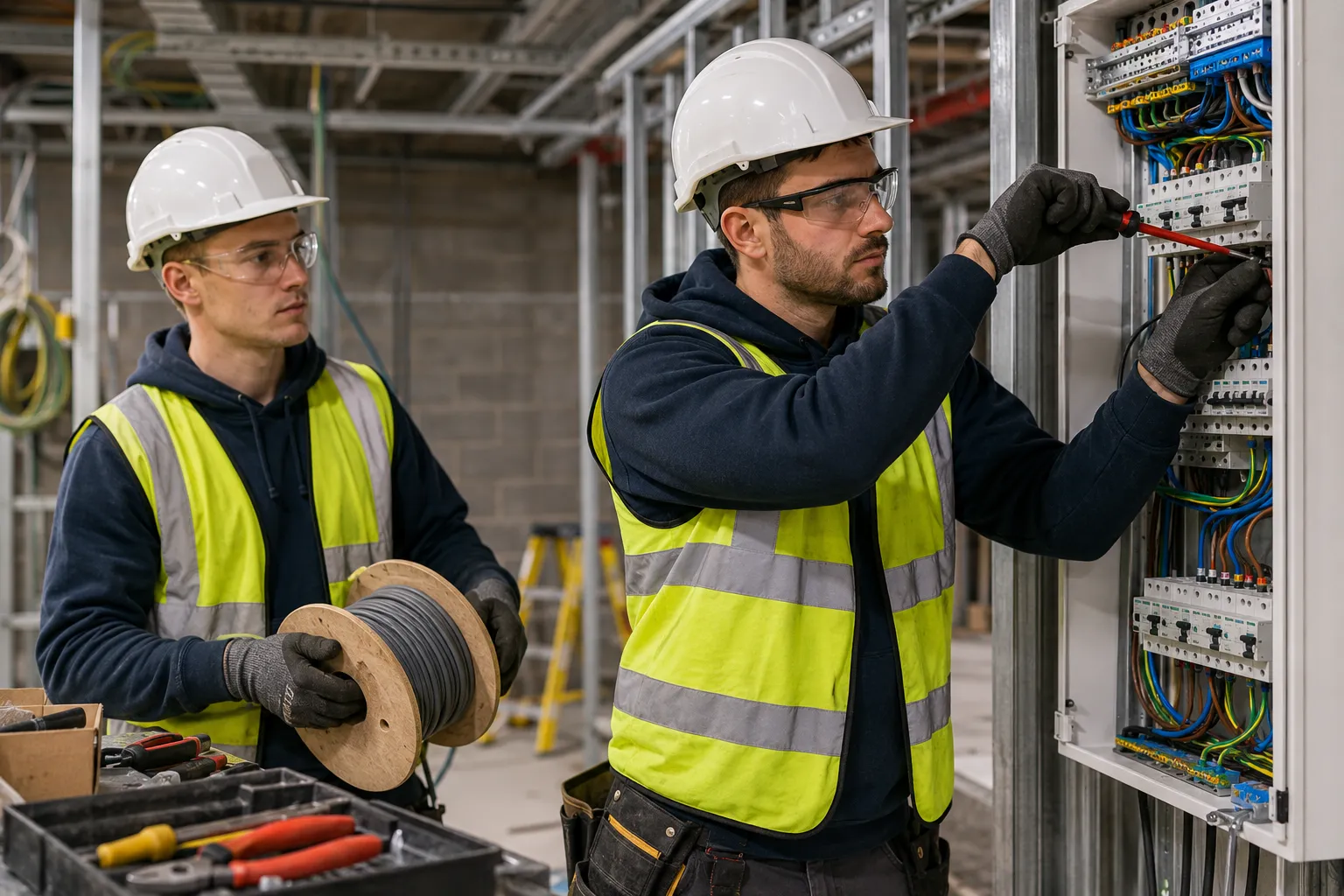 Electrician's mate and electrical worker carrying out electrical installation work on a UK construction site